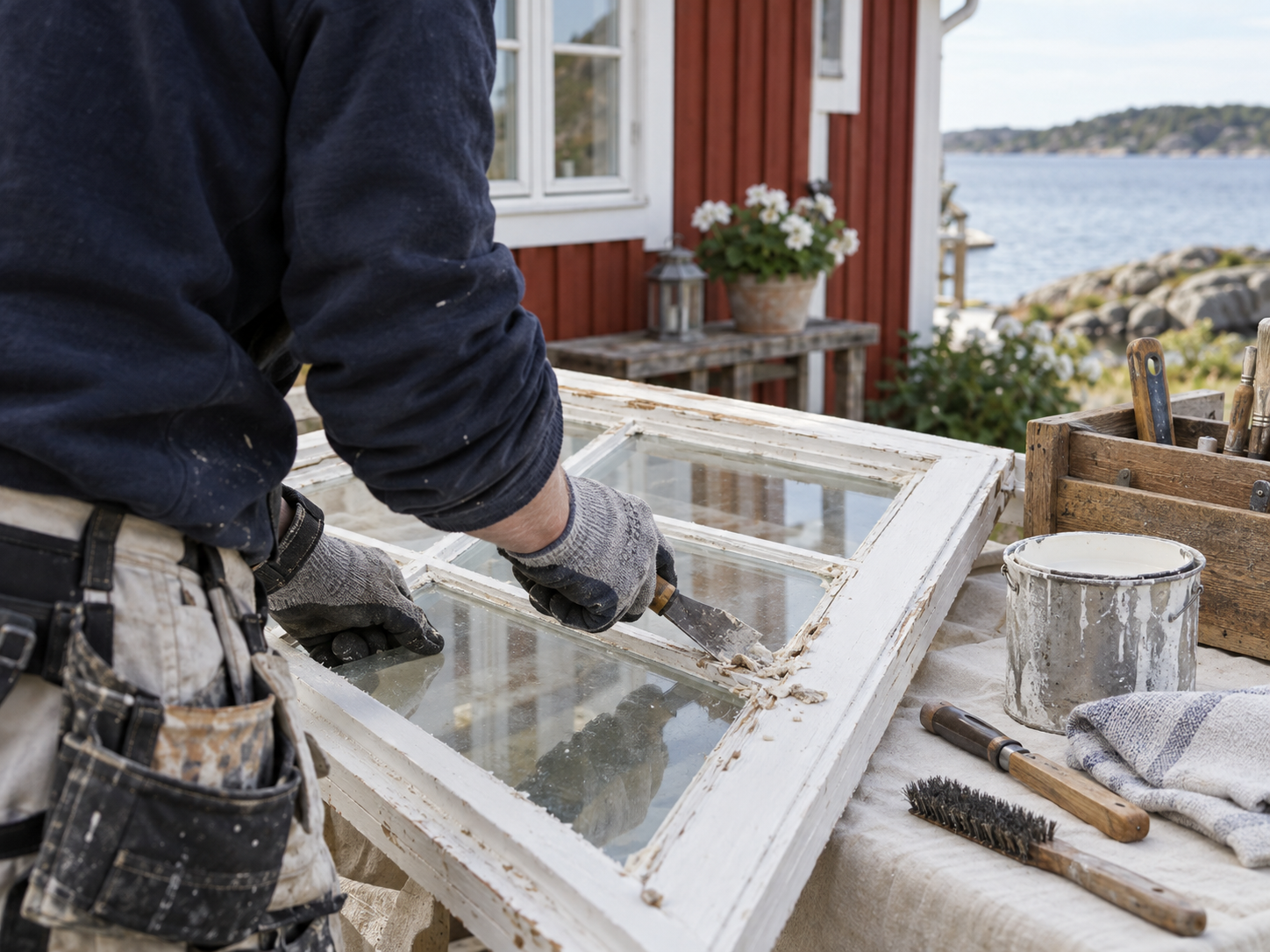 Hantverkare som renoverar ett träfönster